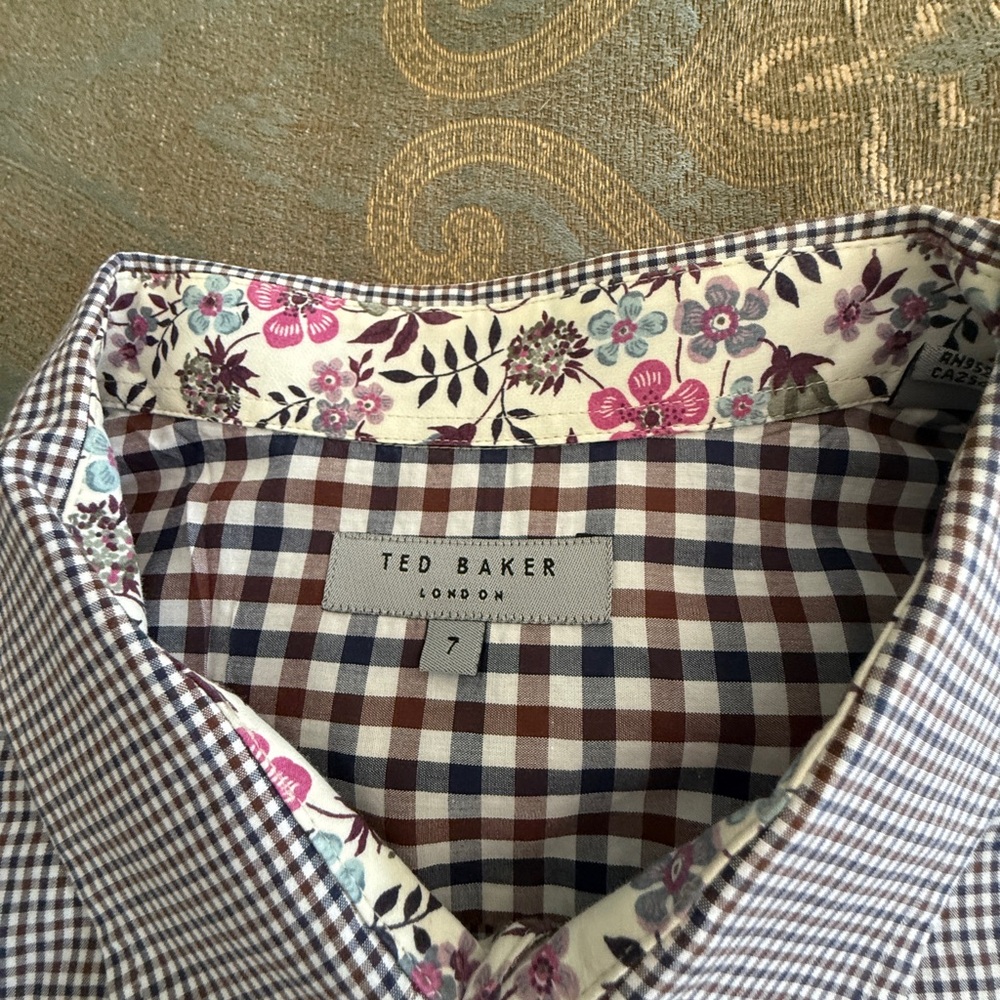 Ted Baker Men's Plaid Shirt - Brown, White, and Blue - Size 7 - XXL